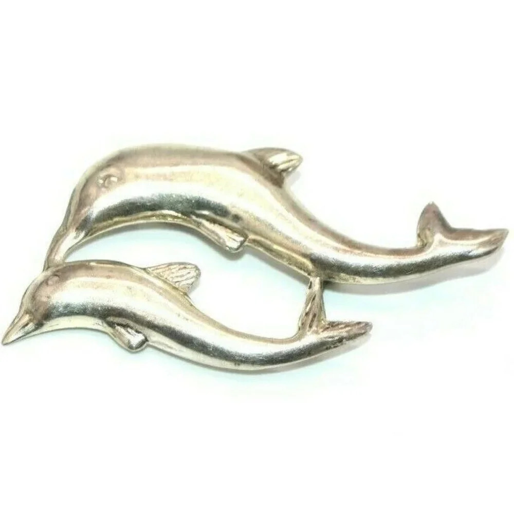 Sterling Silver .925 Dual Two Dolphin Pin Brooch